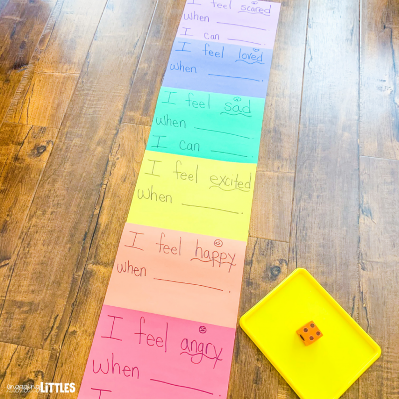 A rainbow colored set of sticky notes laid out on the floor