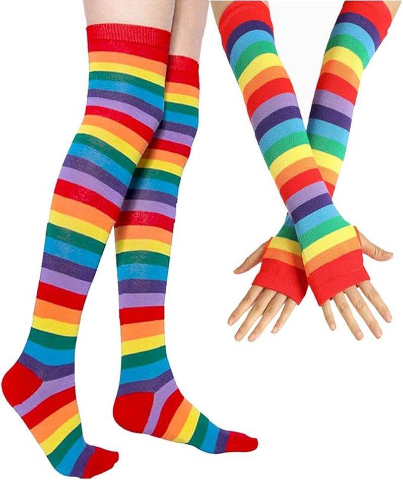 Knee-high rainbow striped socks with matching elbow length fingerless gloves
