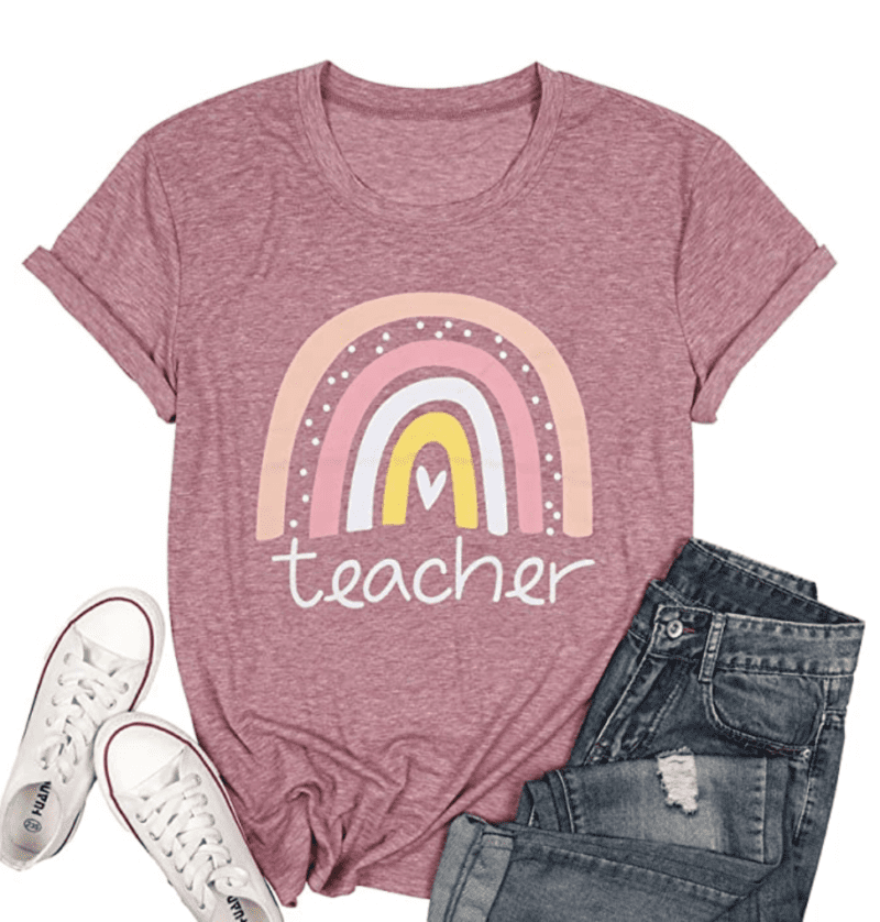 Pink rainbow teacher t-shirt