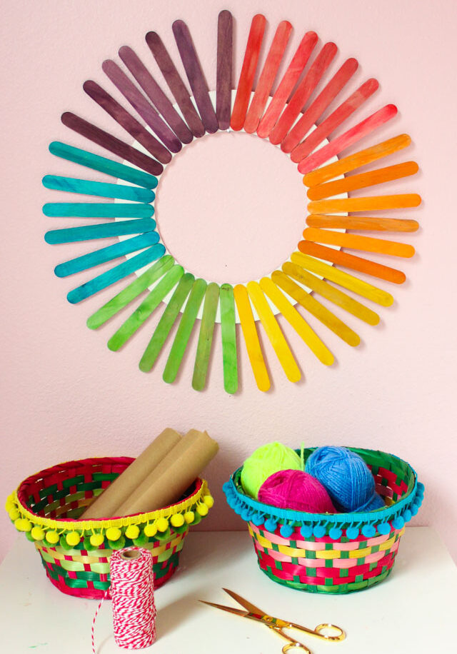 colorful rainbow wreath made of popsicle sticks 