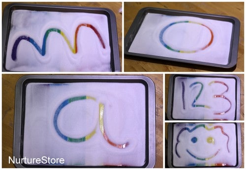rainbow writing with salt trays activity for saint patrick's day 