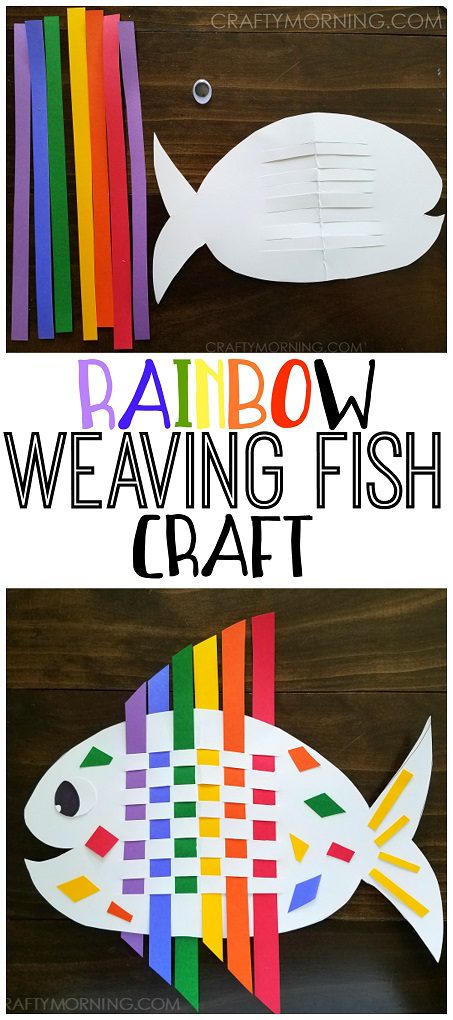 An image on the top shows a white cutout of a fish with a stack of strips of brightly colored paper. The bottom image shows the final product with the strips woven inside the fish.