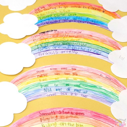 Two clouds are bookends for rainbows. Each color of the rainbow has a different line of a poem hand written on it.