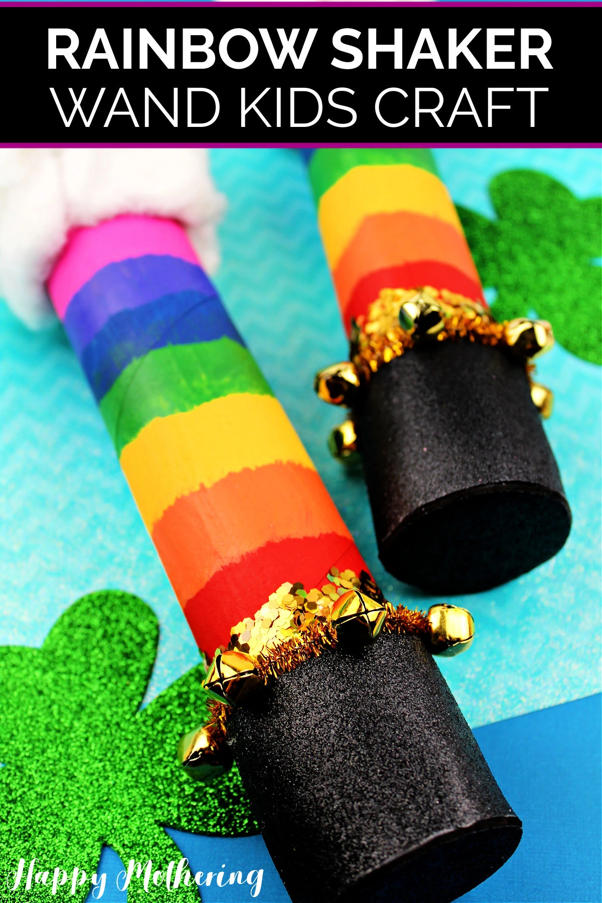 Tubes are shown with rainbow strips on them. A pot of gold is at the bottom and the top looks like a cloud (St. Patrick's Day crafts for kids)