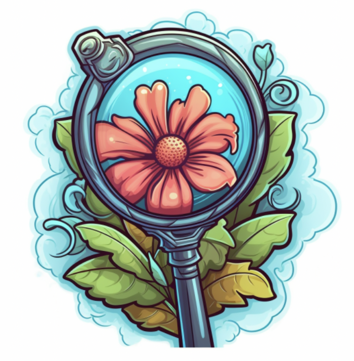 Cartoon of flower being inspected by magnifying glass