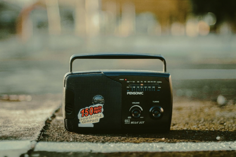 Radio with stickers on it