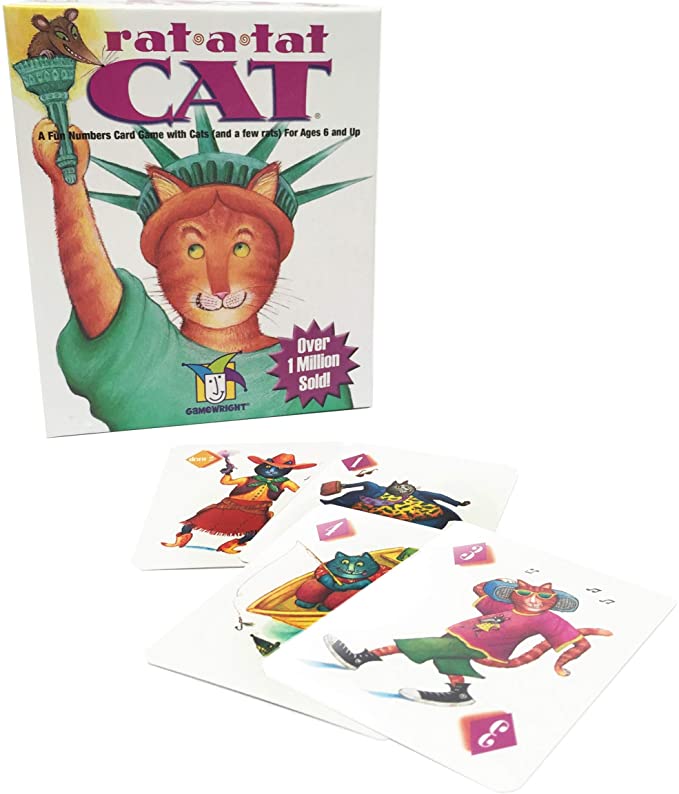 Box and sample animal number cards from the Rat-a-Tat-Cat game- best board games for preschoolers