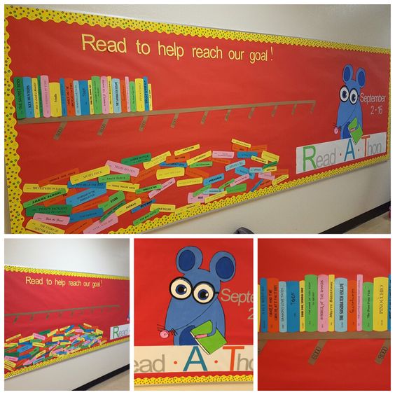 Read-a-thon bulletin board with books added to a shelf as money is raised