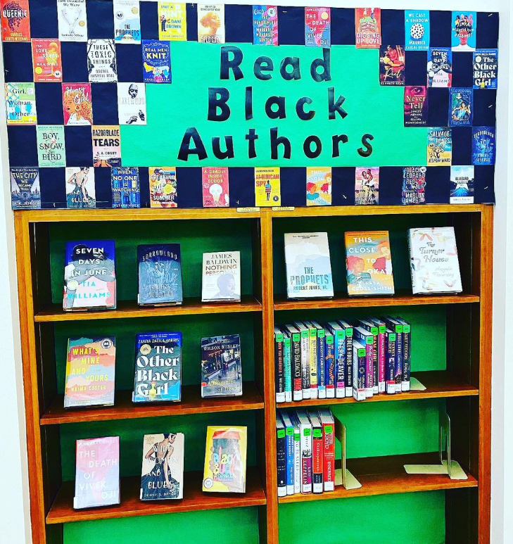 Black History Month bulletin board ideas include this one that features pictures of book covers by Black authors above an actual bookshelf.