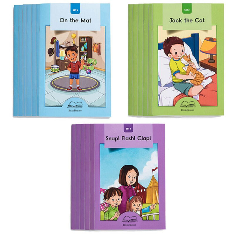 Sample book covers for ReadBright decodable readers, set 1 as an example of decodable books