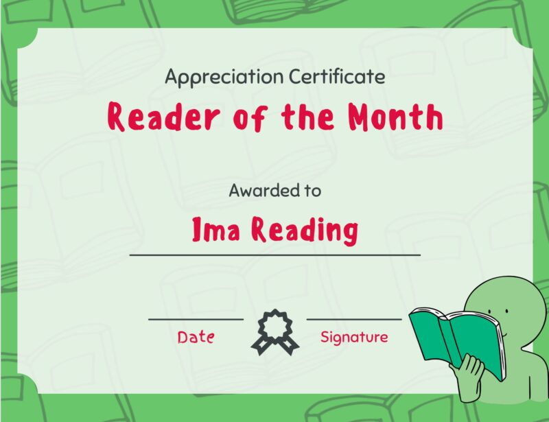 Reader of the Month certificate as an example of Canva for Education templates
