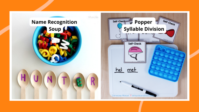 Examples of reading activities including name recognition soup and popper syllable division