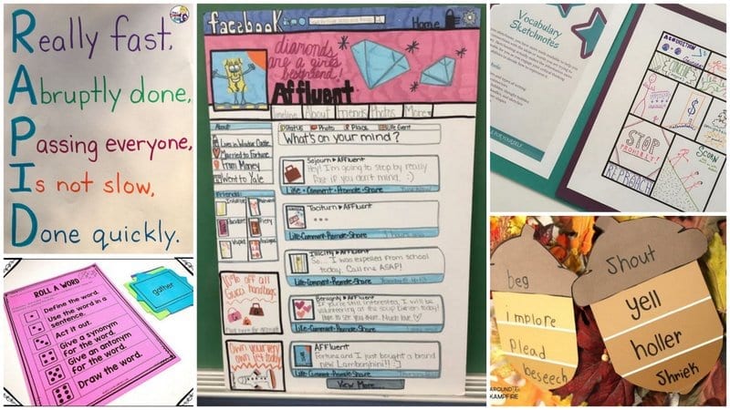 Five images of vocabulary activities for fourth grade reading comprehension