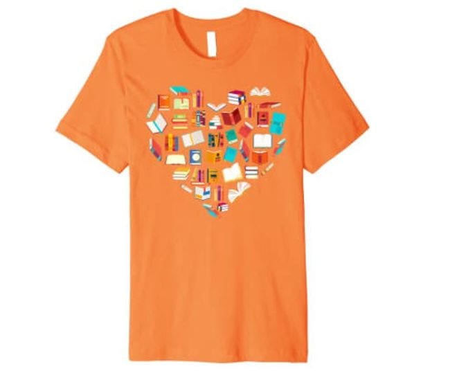 Orange t-shirt with heart made of book illustrations (Reading Shirts)
