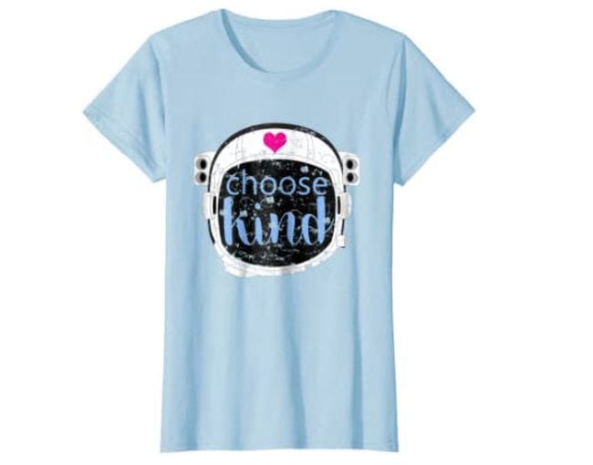 Light blue shirt with astronaut helmet and phrase Choose Kind (Reading Shirts)