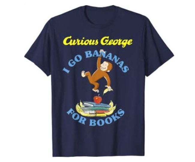 Blue t-shirt with Curious George saying I go bananas for books