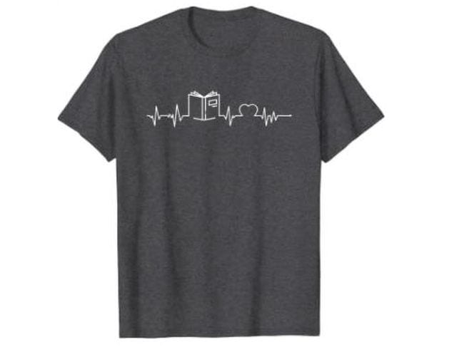 Black t-shirt with EKG line that flows into the shape of a book (Reading Shirts)