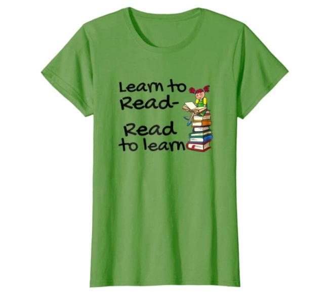Lime green t-shirt with child sitting on stack of books, text reads Learn to Read, Read to Learn (Reading Shirts)
