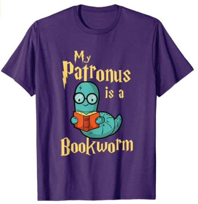 Purple t-shirt with a worm holding a book saying My Patronus is a Bookworm (Reading Shirts)