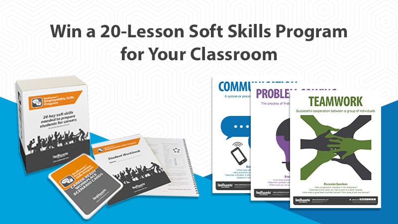 soft skills program box with workbook and teacher guide; social skills posters: teamwork, communication, problem-solving