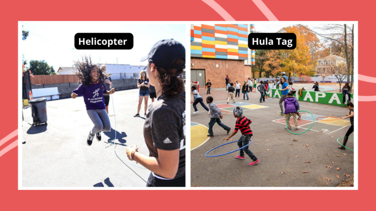 Examples of old school recess games including kids playing hula tag and helicopter jump rope game.