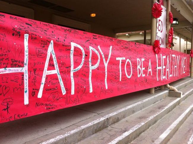 Happy to Be a Healthy Me red banner signed by students (Red Ribbon Week ideas)