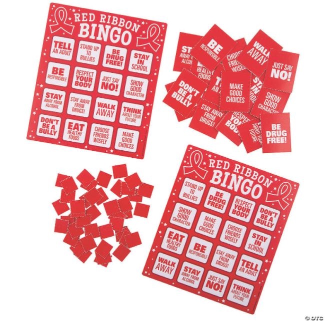 Red Ribbon Bingo cards and markers