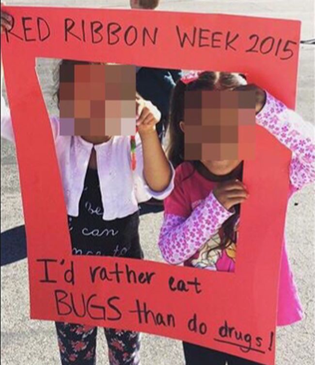 Students holding a red paper frame saying "I'd rather eat bugs than do drugs"
