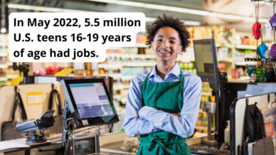 High school student working at a grocery store after using resume examples plus a quote, "In May 2022, 5.5 million teens 16-19 years of age had jobs."