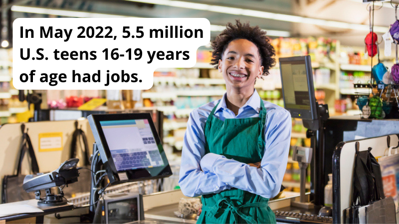 High school student working at a grocery store after using resume examples plus a quote, "In May 2022, 5.5 million teens 16-19 years of age had jobs."