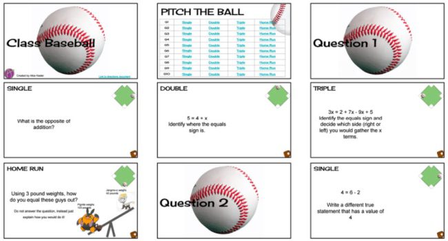 Cards for a review game called Class Baseball