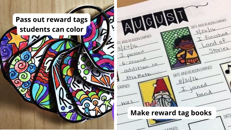Examples of reward tags including a keychain of tags to color and a book of reward tags.