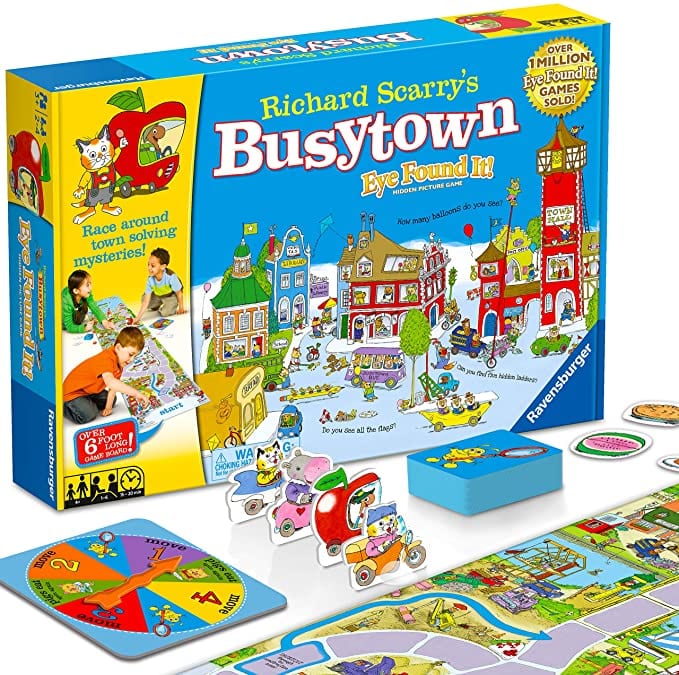 Box and game board, cards, playing pieces, and spinner for Richard Scarry's Busytown Eye Found It game