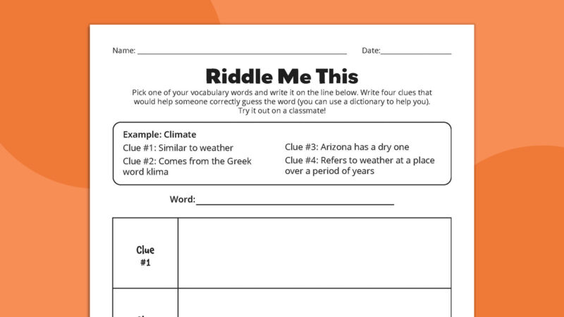 Flat lay of Riddle Me This vocabulary worksheet