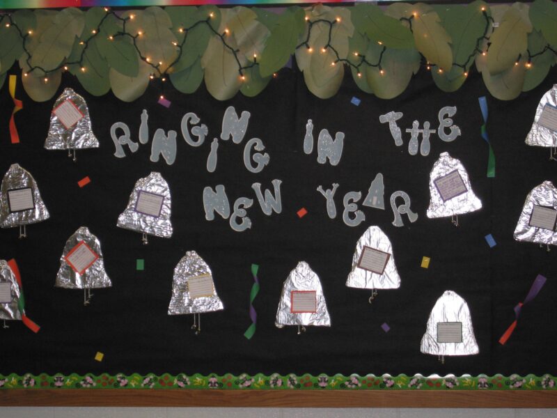 A black bulletin board has silver bells with writing prompts on it. They are made from tin foil. Actual Christmas lights adorn the top and text reads ringing in the new year.