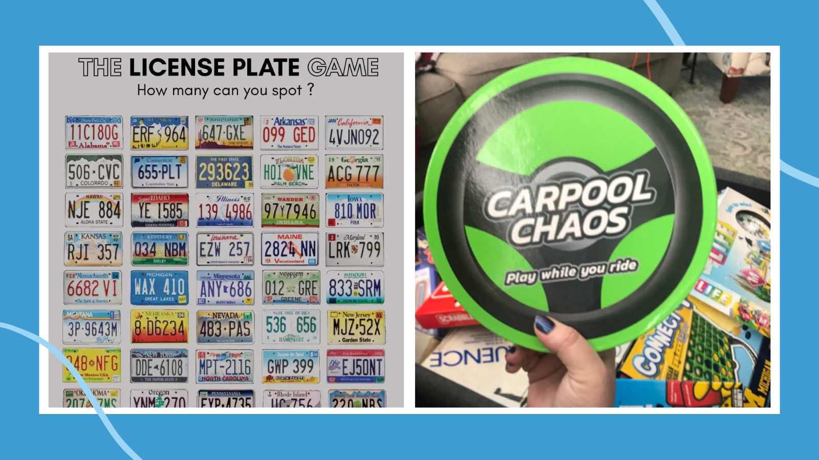 Road trip games including Carpool Chaos game and License Plate Bingo.