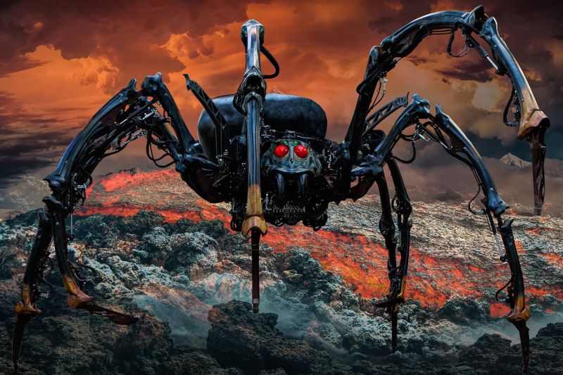A large mechanical spider standing on a stormy beach