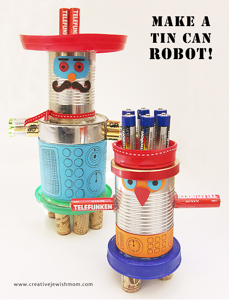Two robots are constructed from tin cans and other found objects (earth day crafts)