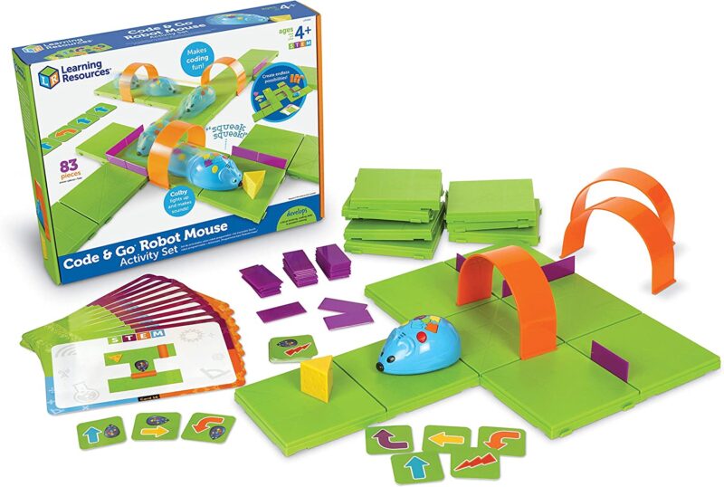 Coding toys include ones like this robot mouse which can be programmed to go through an obstacle course also pictured.