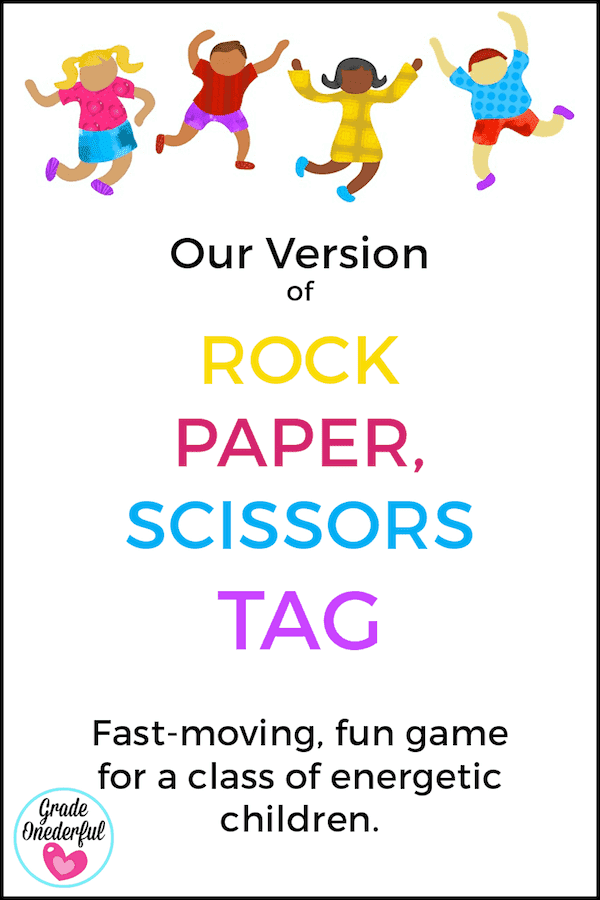 A graphic shows cartoon children jumping and the text reads our version of rock, paper, scissors tag (elementary PE games)