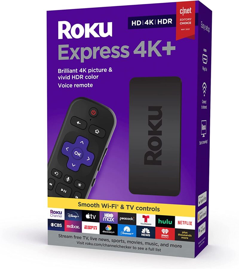 Roku Express 4K+ Pupple Roku Express 4K+ box showing streaming device and remote
