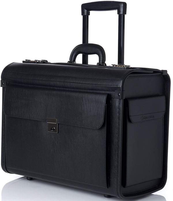 Boxy leather briefcase with rolling wheels and extendable handle