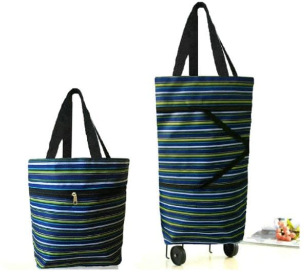 Striped tote bag with top handles that expands to be taller and includes rolling wheels
