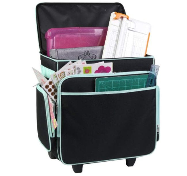 Rolling bag in black with large open compartment and multiple zipper pockets (Rolling Bags for Teachers)