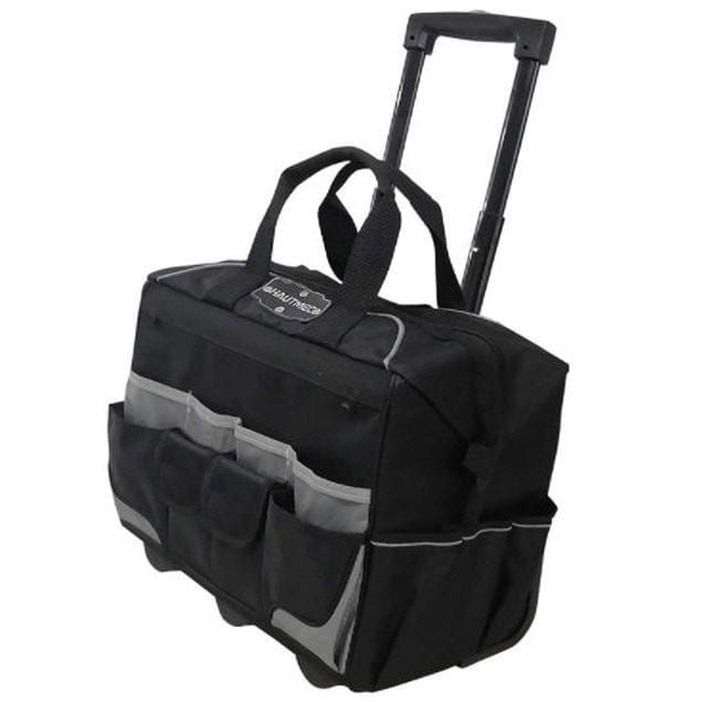 Large black rolling bag with pockets and central open compartment (Rolling Bags for Teachers)