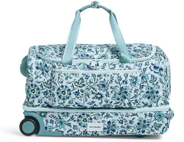 Blue flowered rolling duffel bag with bottom zipper compartment (Rolling Bags for Teachers)