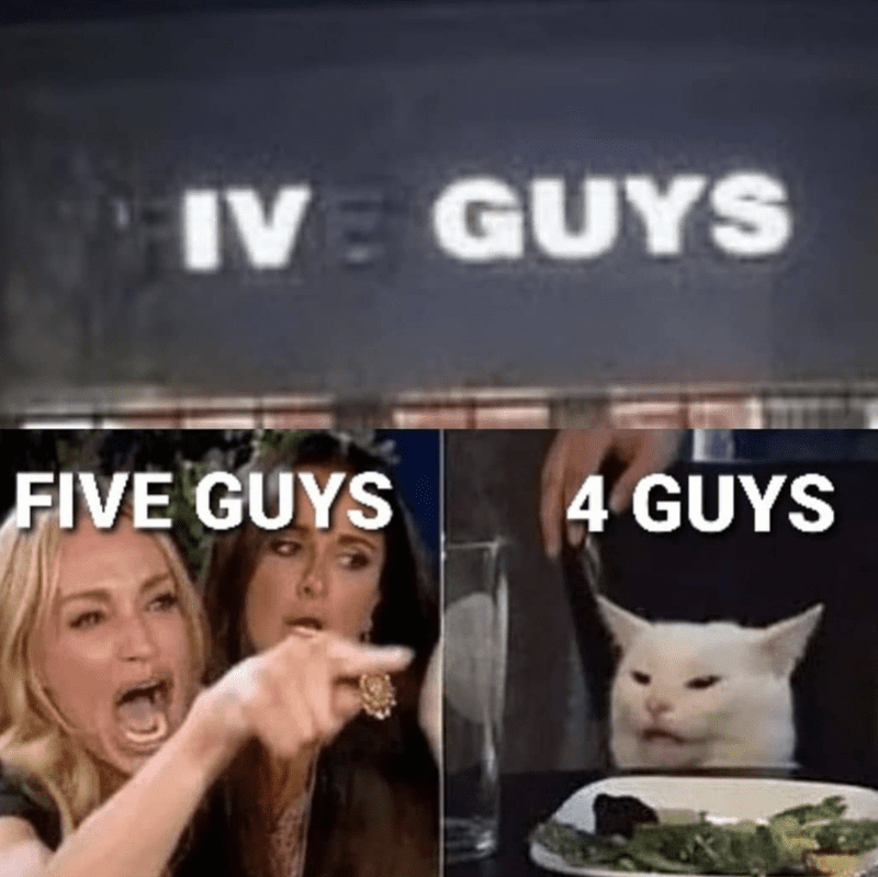 Five guys says IV in Roman Numeral, woman saying five guys, cat saying four guys