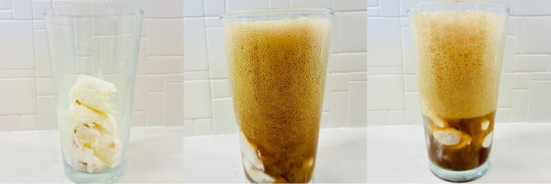 States of Matter Activities one image with three stages of a root beer science experiment showing solid (ice cream), liquid (root beer) and gas (bubbles formed when the root beer and ice cream come together.