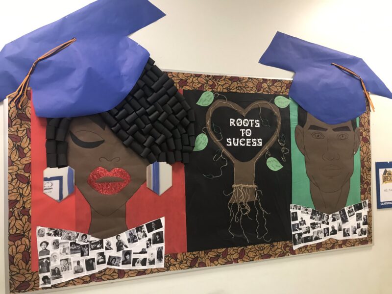 Black History Month bulletin board ideas include this one. One side is a Black woman whose shirt is made up of photos of famous Black women. The other side is a Black man whose shirt is made up of photos of famous Black men.