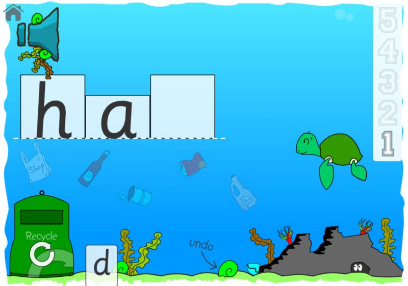 Screenshot from an educational game set underwater to help kids learn CVC words